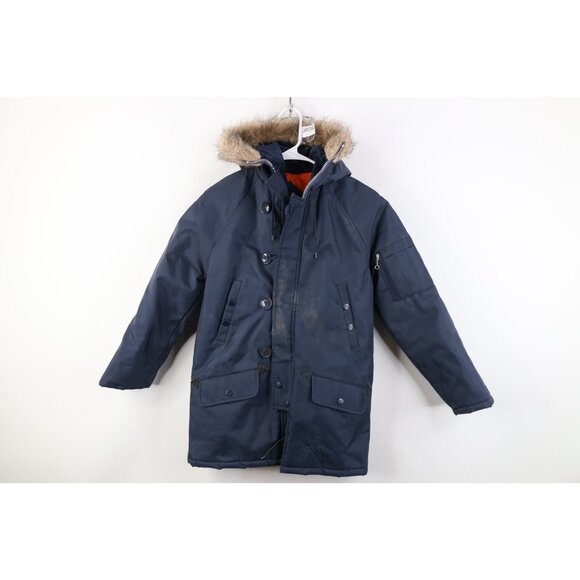 Vintage 70s Boys 12 Distressed Quilted Military N3B Snorkel Parka Jacket Blue